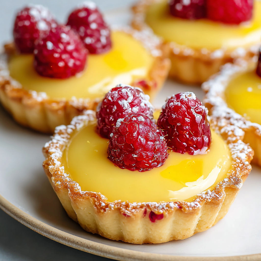 Four mini lemon raspberry tarts on a plate.