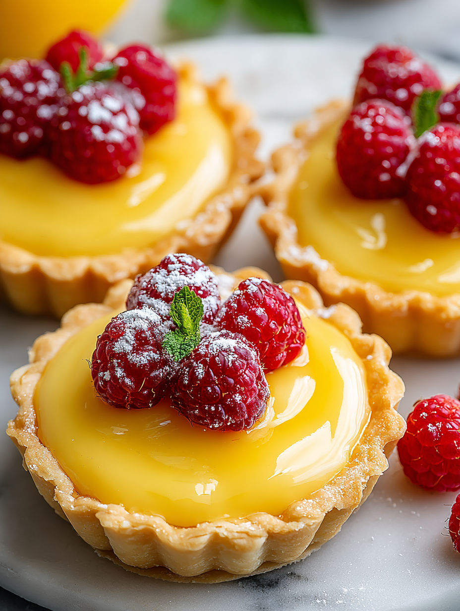 Two mini lemon raspberry tarts with powdered sugar on top.