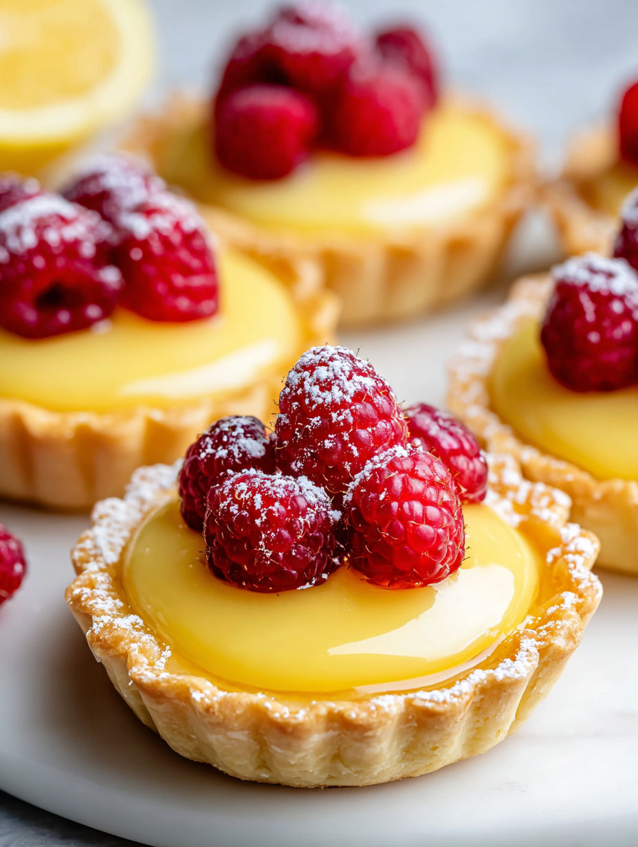A close up of a mini lemon raspberry tart.