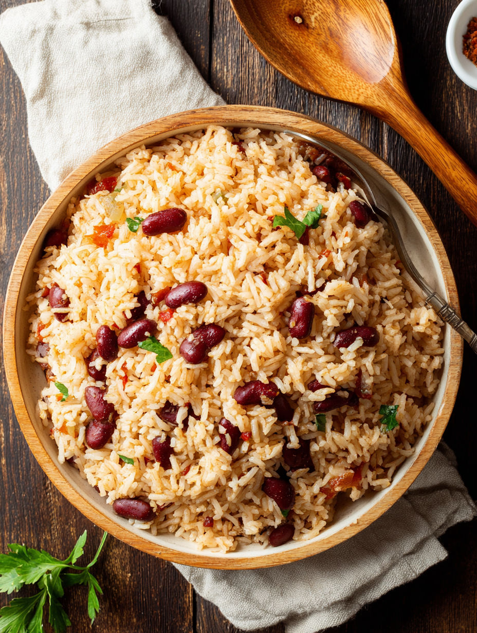 A bowl of rice with red beans.