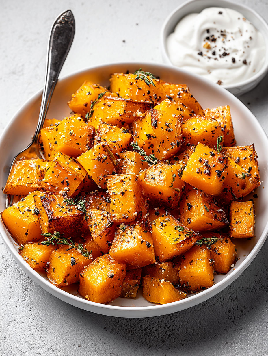 A bowl of roasted pumpkin with spices.