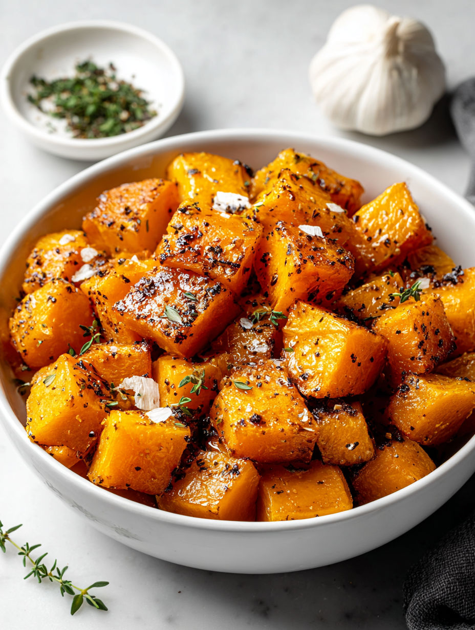 A bowl of roasted pumpkin with seasonings.