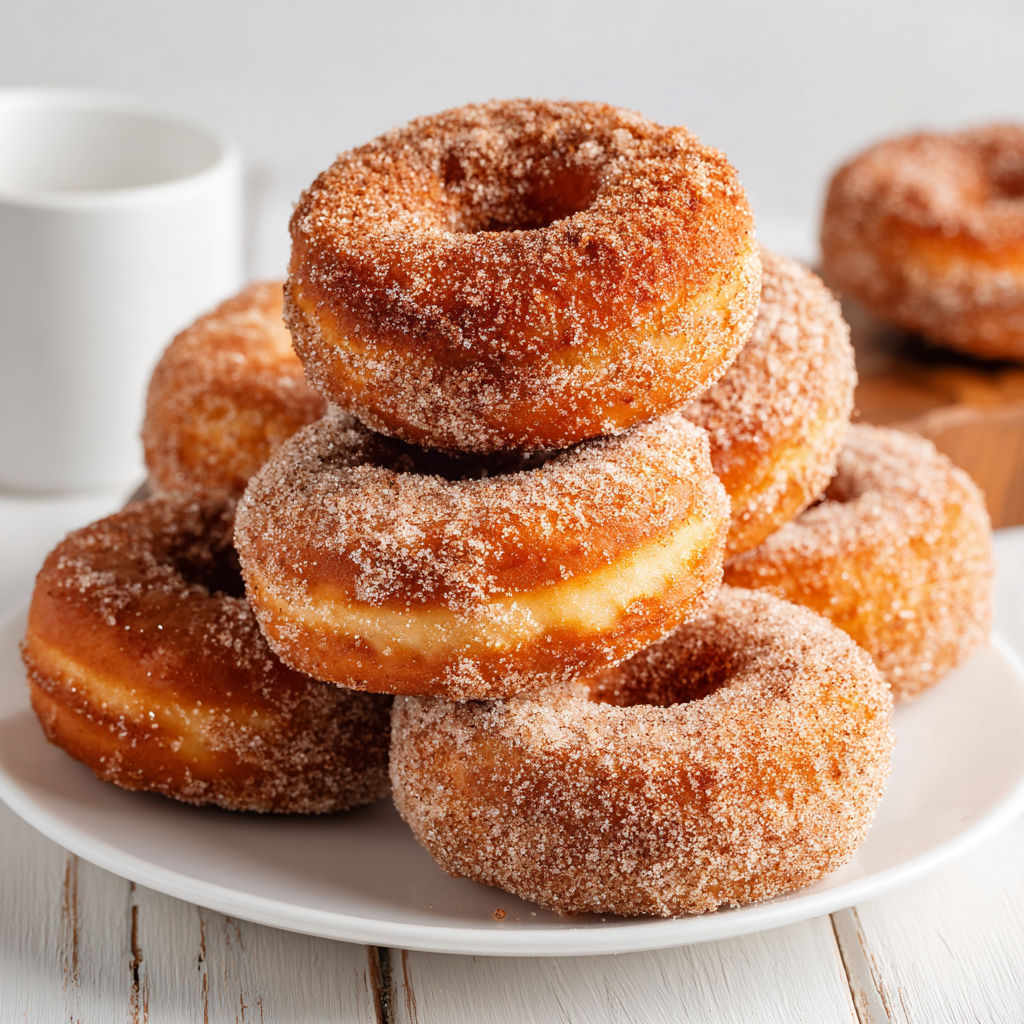 A plate of sugar coated doughnuts.