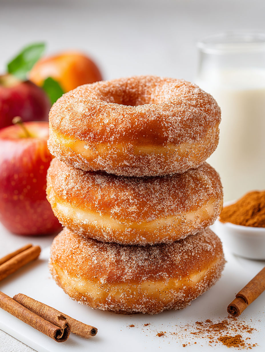 A stack of sugar coated doughnuts with a glass of milk.