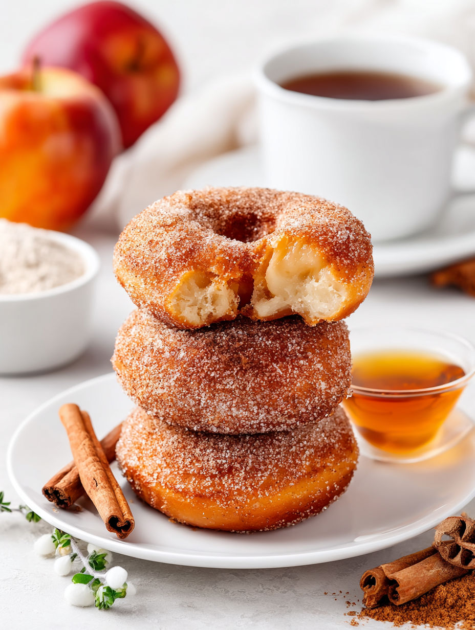 A stack of three doughnuts with sugar on top.