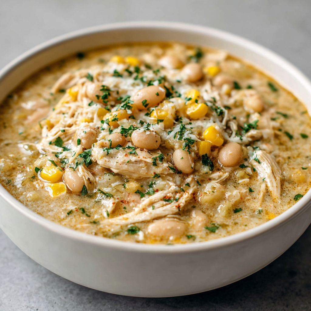 A bowl of chicken chili with beans and corn.