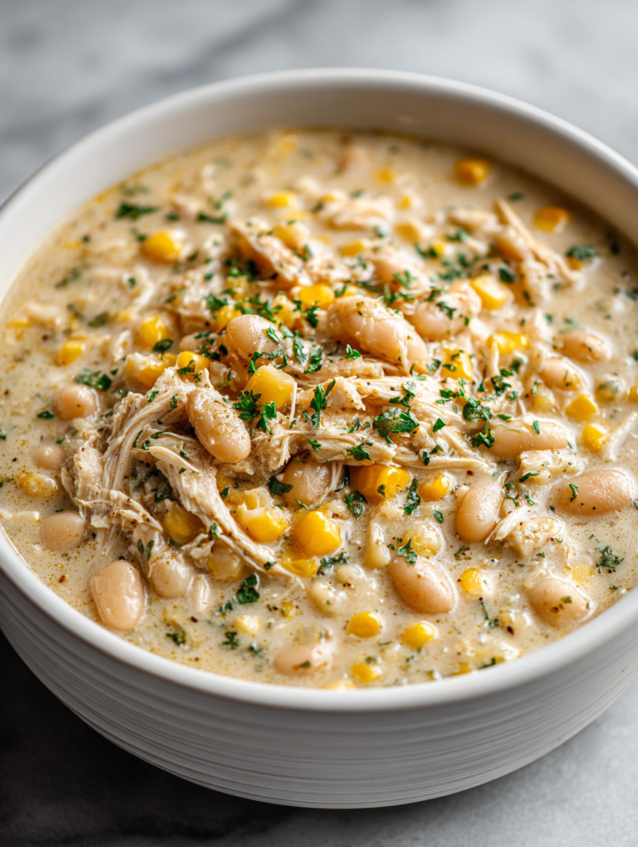 A bowl of chicken chili with corn and beans.