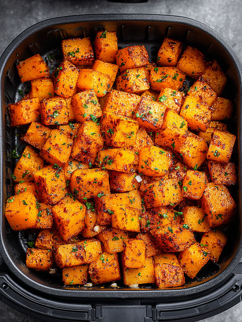 A pan of cooked pumpkin cubes.