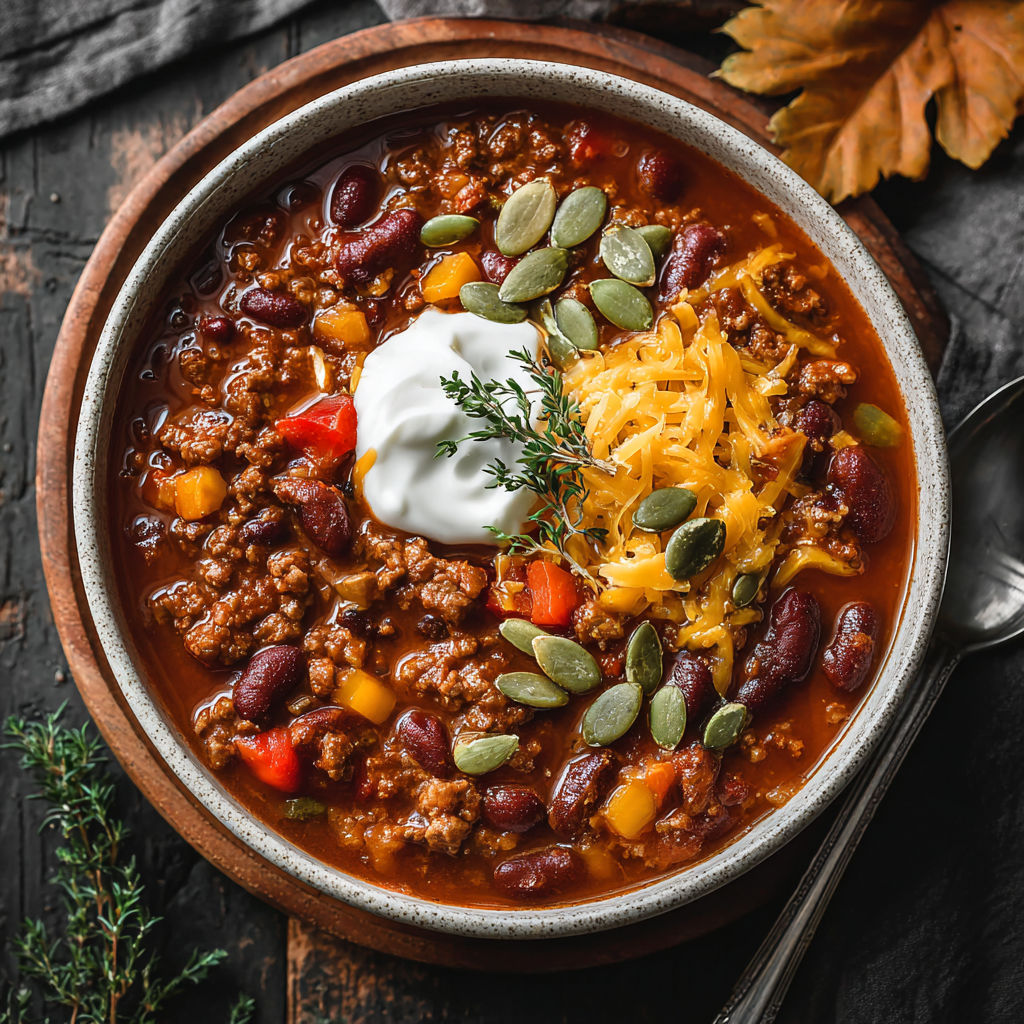 A bowl of chili with a dollop of sour cream on top.