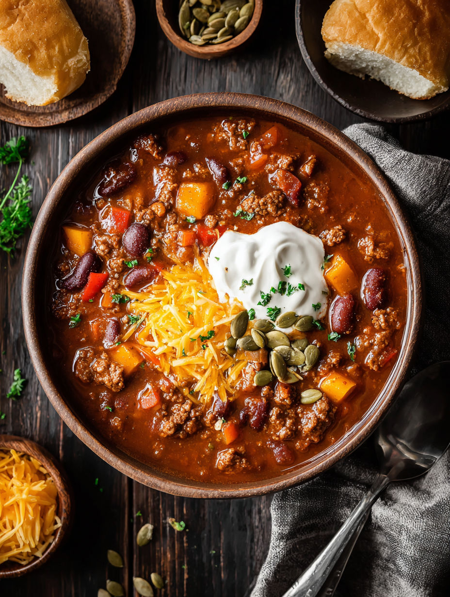 A bowl of chili with a dollop of sour cream and a sprinkle of chili powder.