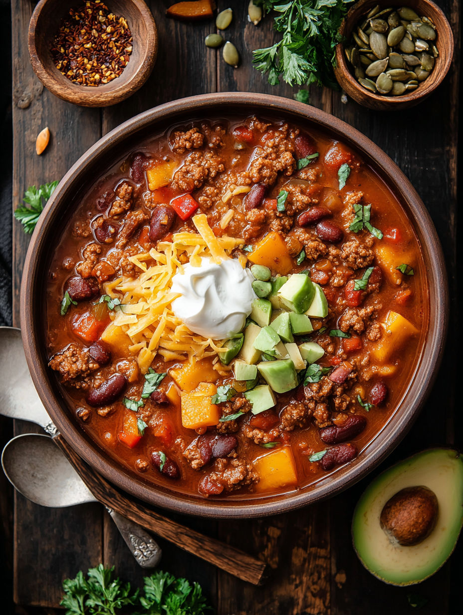 A bowl of chili with a dollop of sour cream and a spoon.