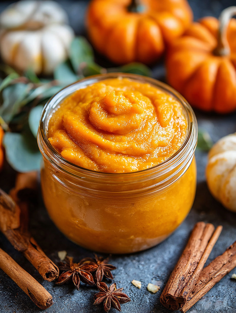 A jar of creamy puree de calabaza sits on a table.
