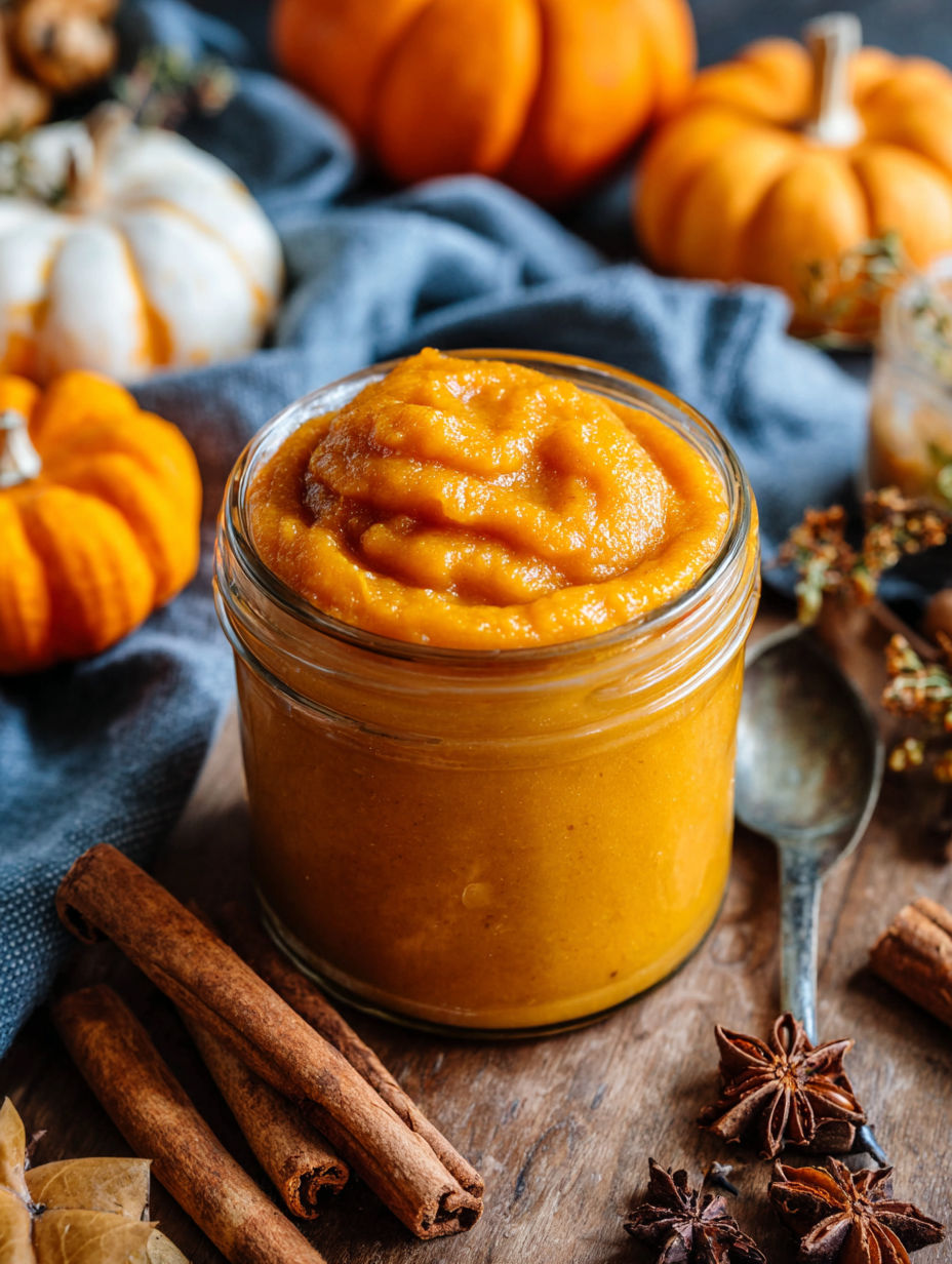 A jar of creamy puré de calabaza sits on a table.
