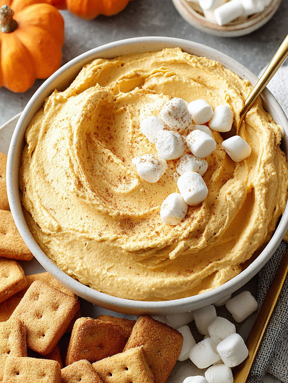 A bowl of creamy pumpkin fluff dip with marshmallows on top.