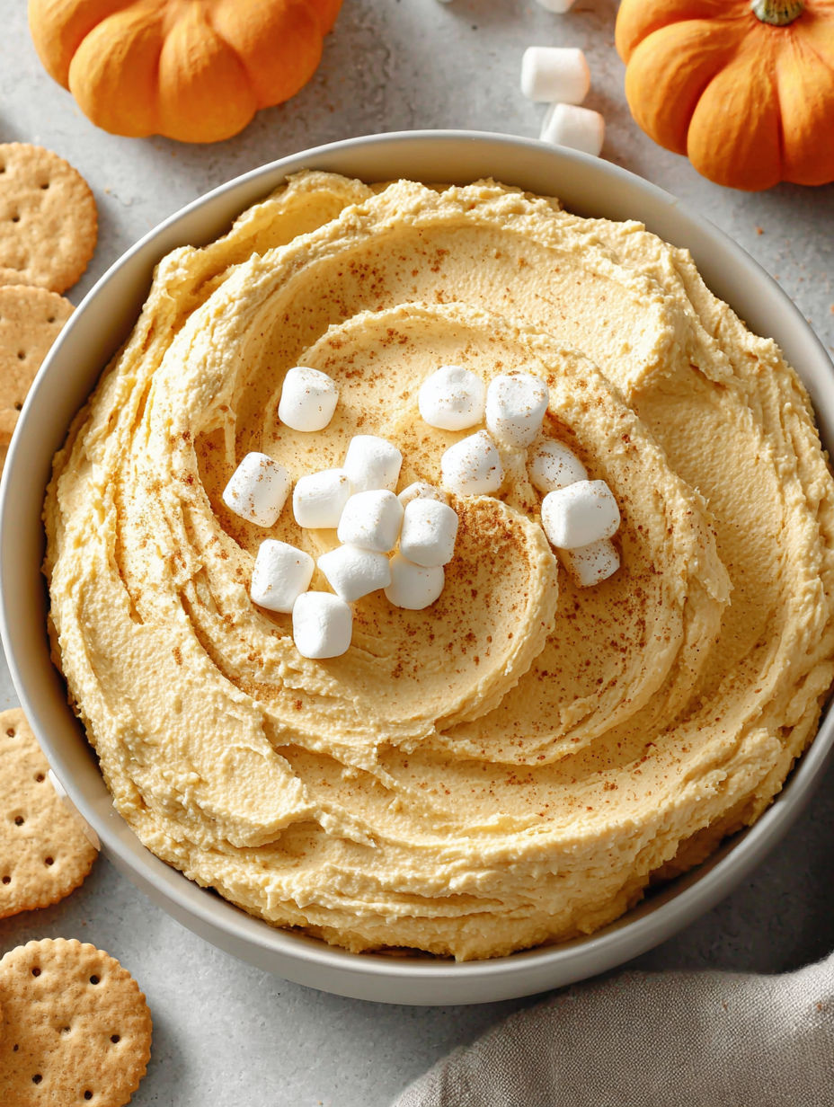 A bowl of creamy pumpkin fluff dip with marshmallows on top.