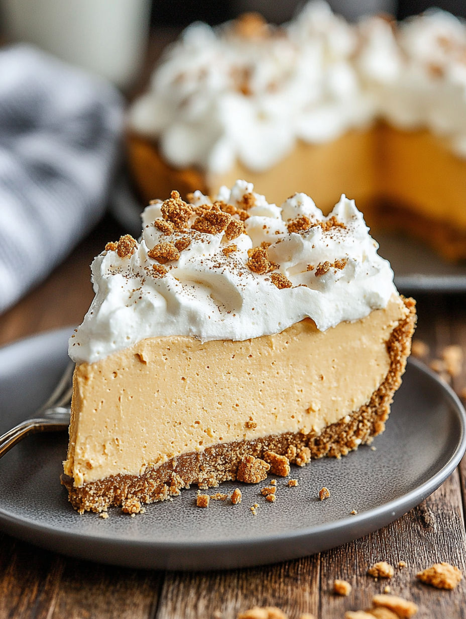 A slice of pumpkin mousse pie with whipped cream on top.