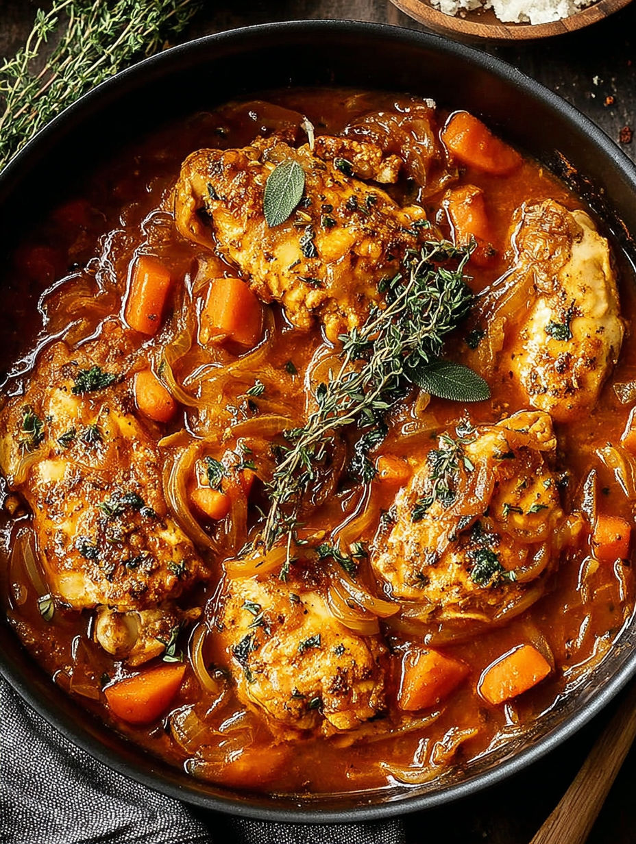 A bowl of chicken with onions and herbs.