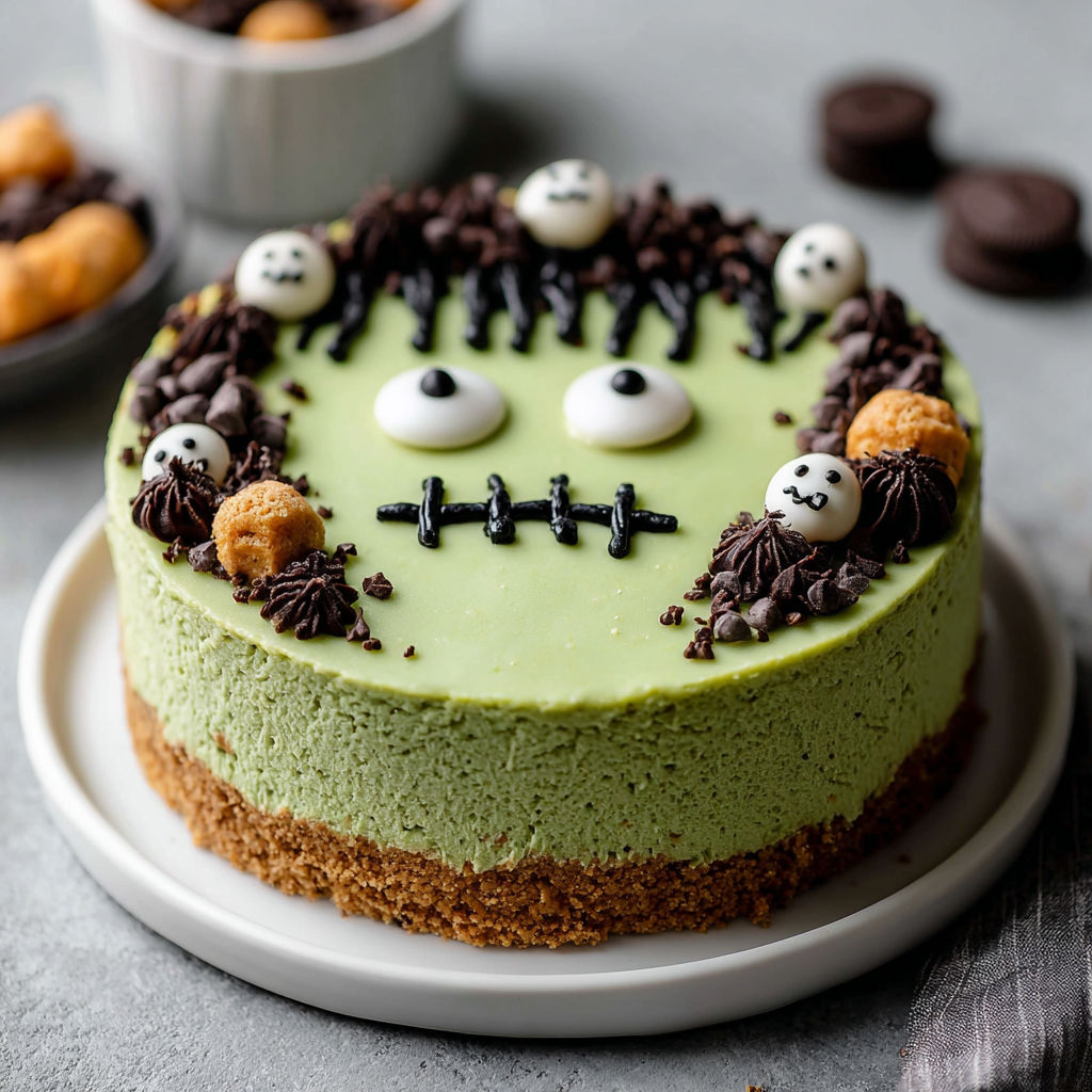 A Frankenstein-themed cheesecake with chocolate and white frosting.