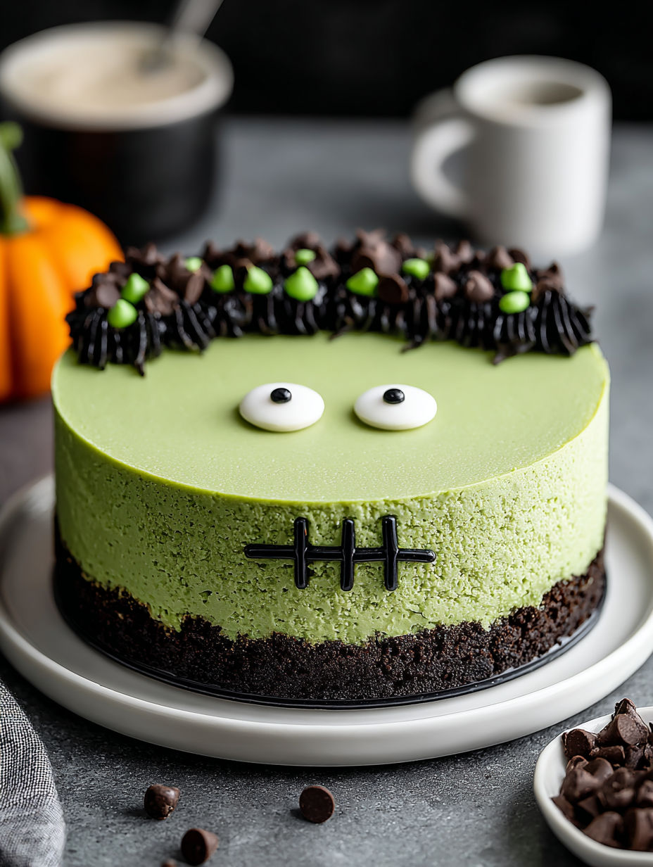 A Frankenstein-themed cheesecake with a green frosting and black decorations.