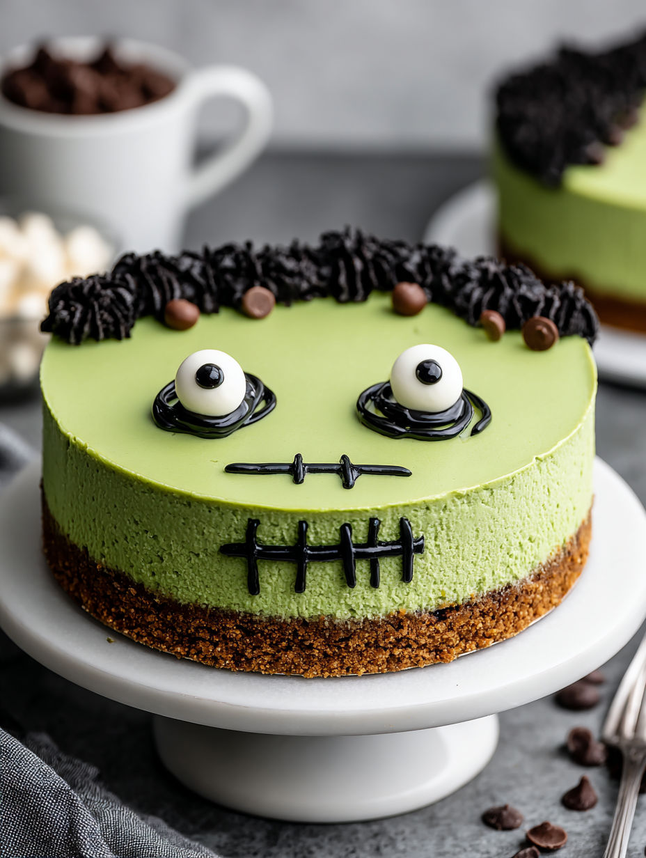 A green Frankenstein cake with black eyes and a mouth.
