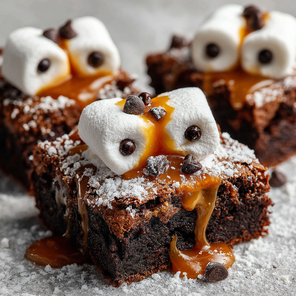 A close up of a delicious dessert with marshmallows and caramel drizzle.