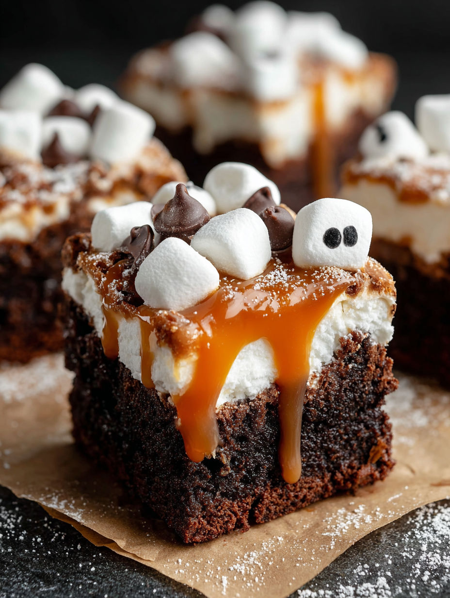 A close up of a delicious dessert with marshmallows and caramel drizzle.