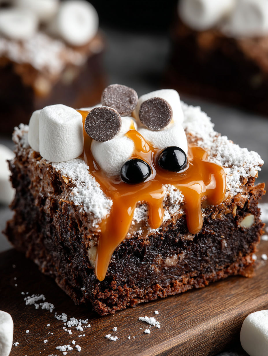 A close up of a brownies with marshmallows and chocolate drizzle.