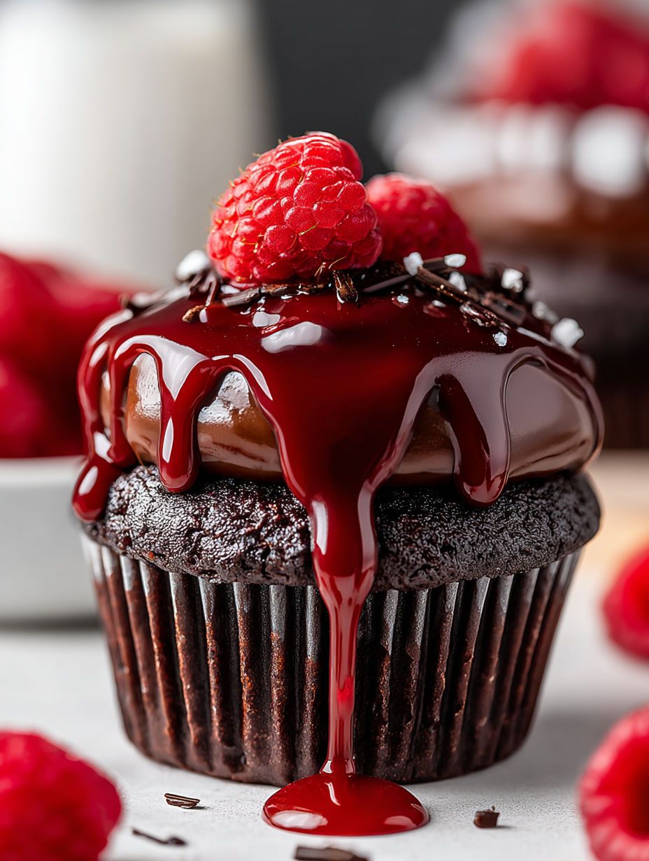 A chocolate cupcake with raspberry topping and chocolate drizzle.