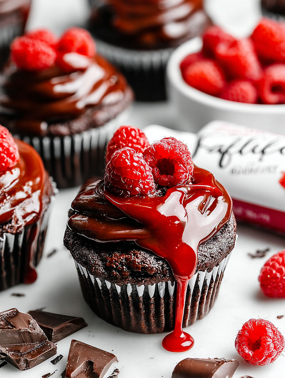 A chocolate cupcake with raspberries and chocolate drizzle.
