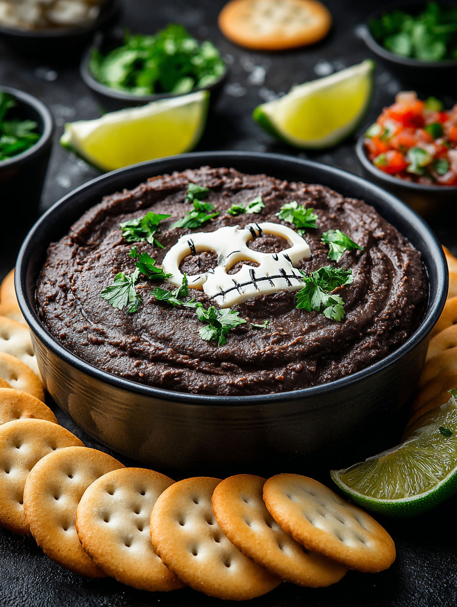 A black bean dip with a skull on top.