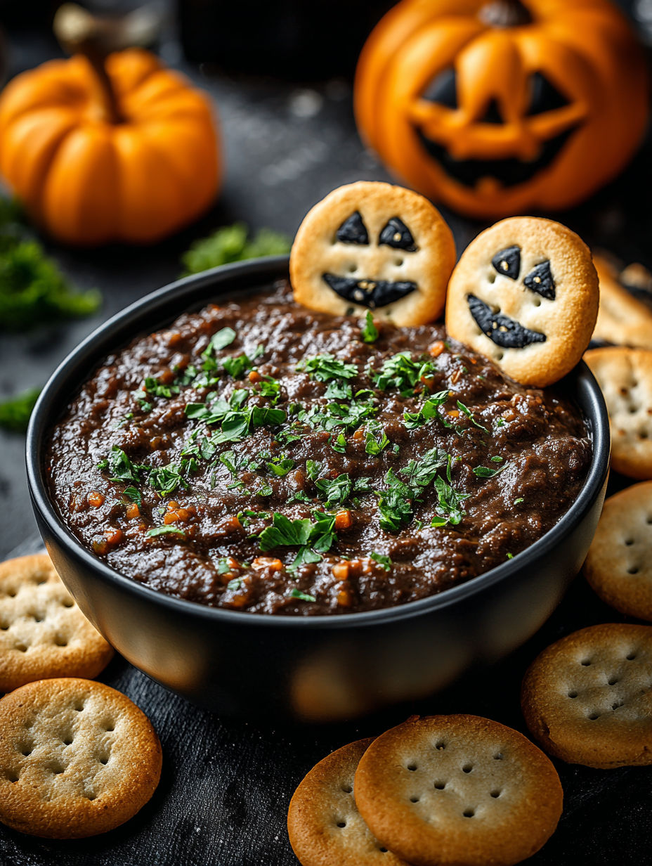 A bowl of black bean dip with two ghost shaped crackers on top.
