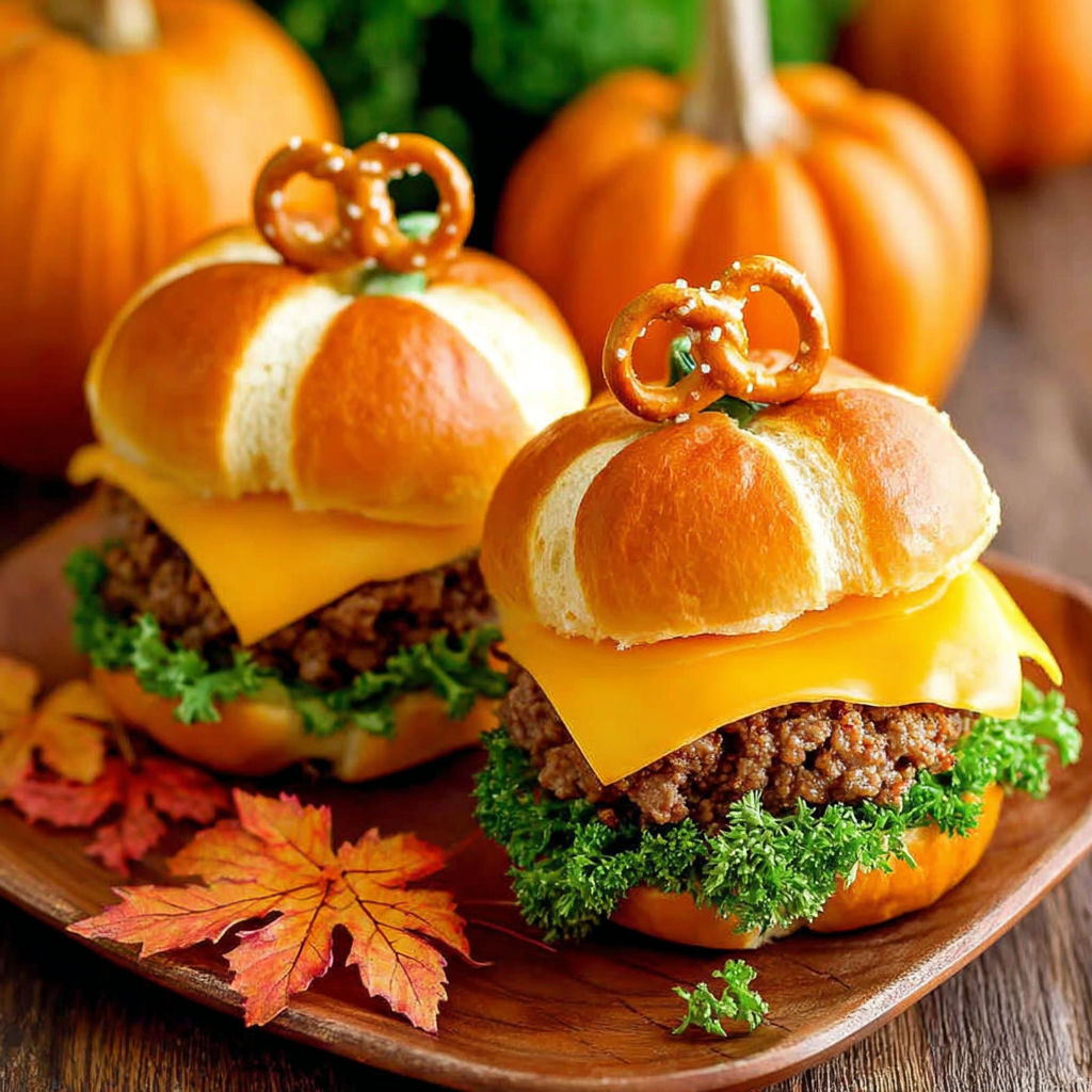 Two pumpkin-shaped sliders with cheese and pretzel toppings.