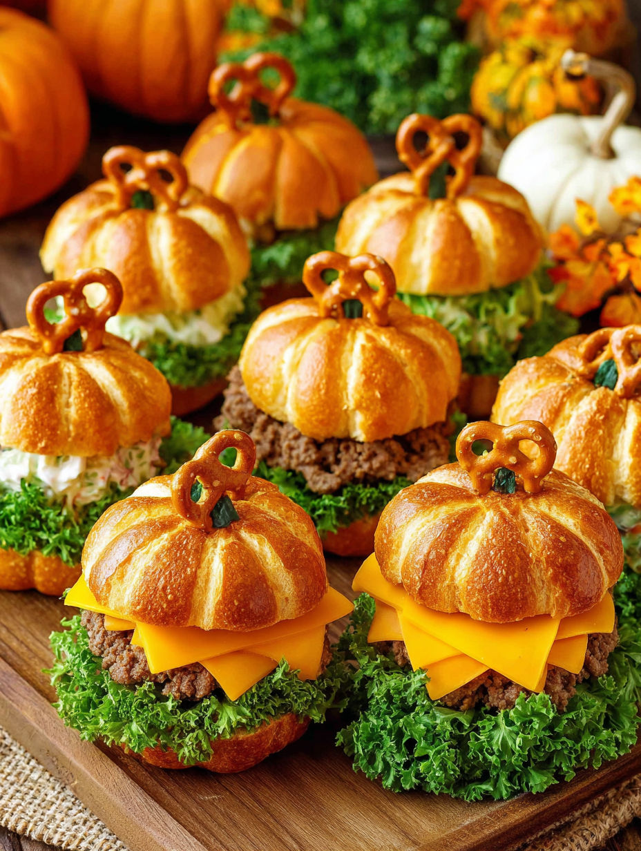 Pumpkin-shaped sliders with beef and cheese.