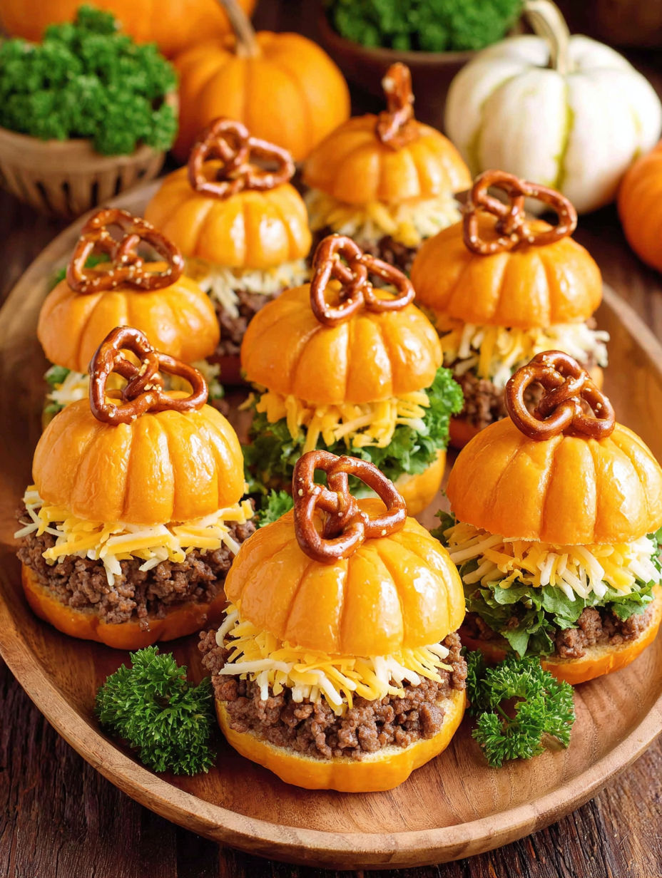 Pumpkin-shaped sliders with cheese and bacon.
