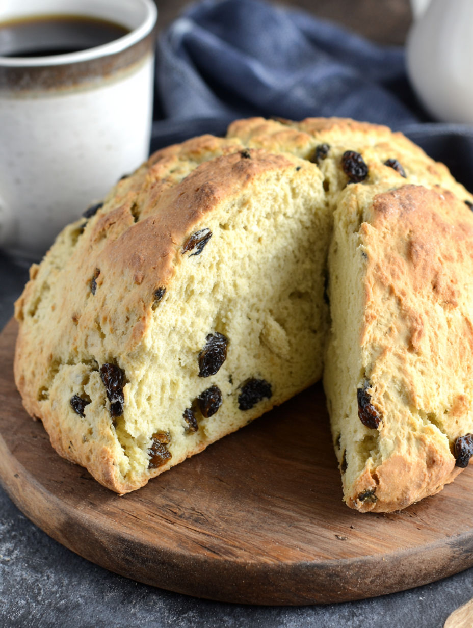 A slice of Irish soda bread with raisins.