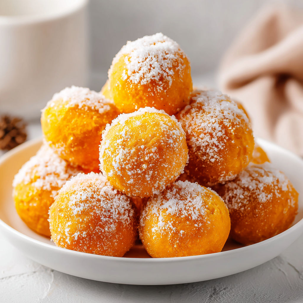 A plate of pumpkin donuts with powdered sugar.