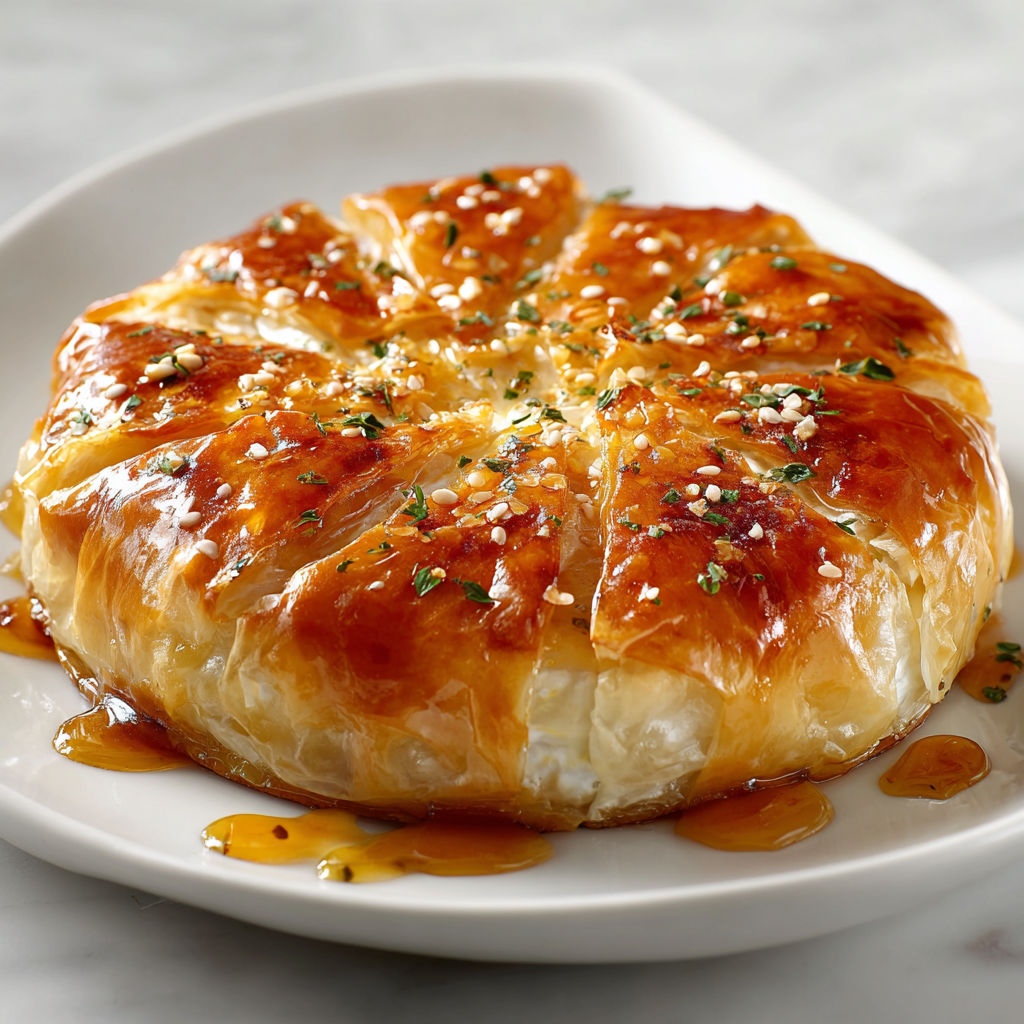 A baked brie in phyllo dough on a plate.