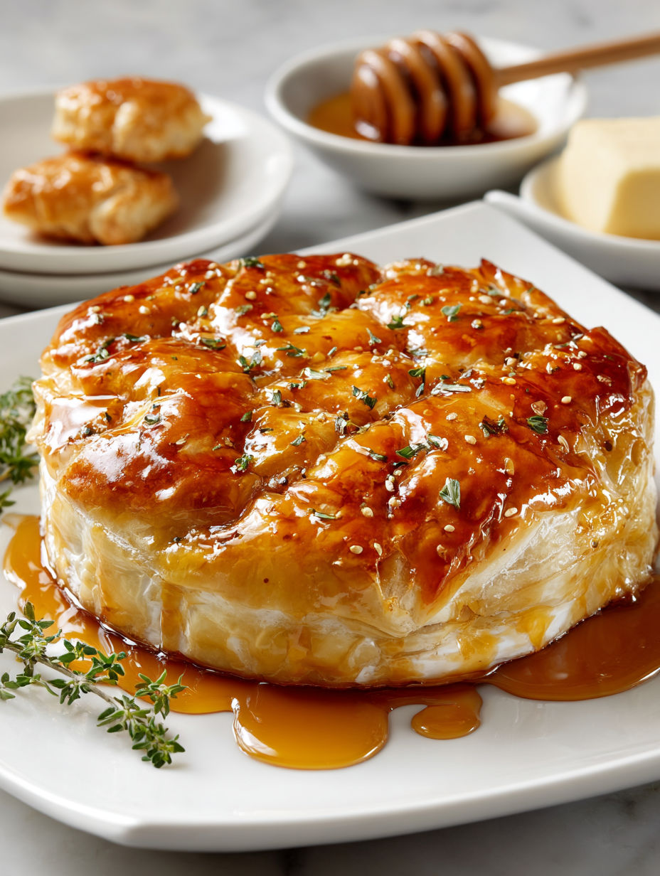 A baked brie in phyllo dough with a crispy and gooey texture.