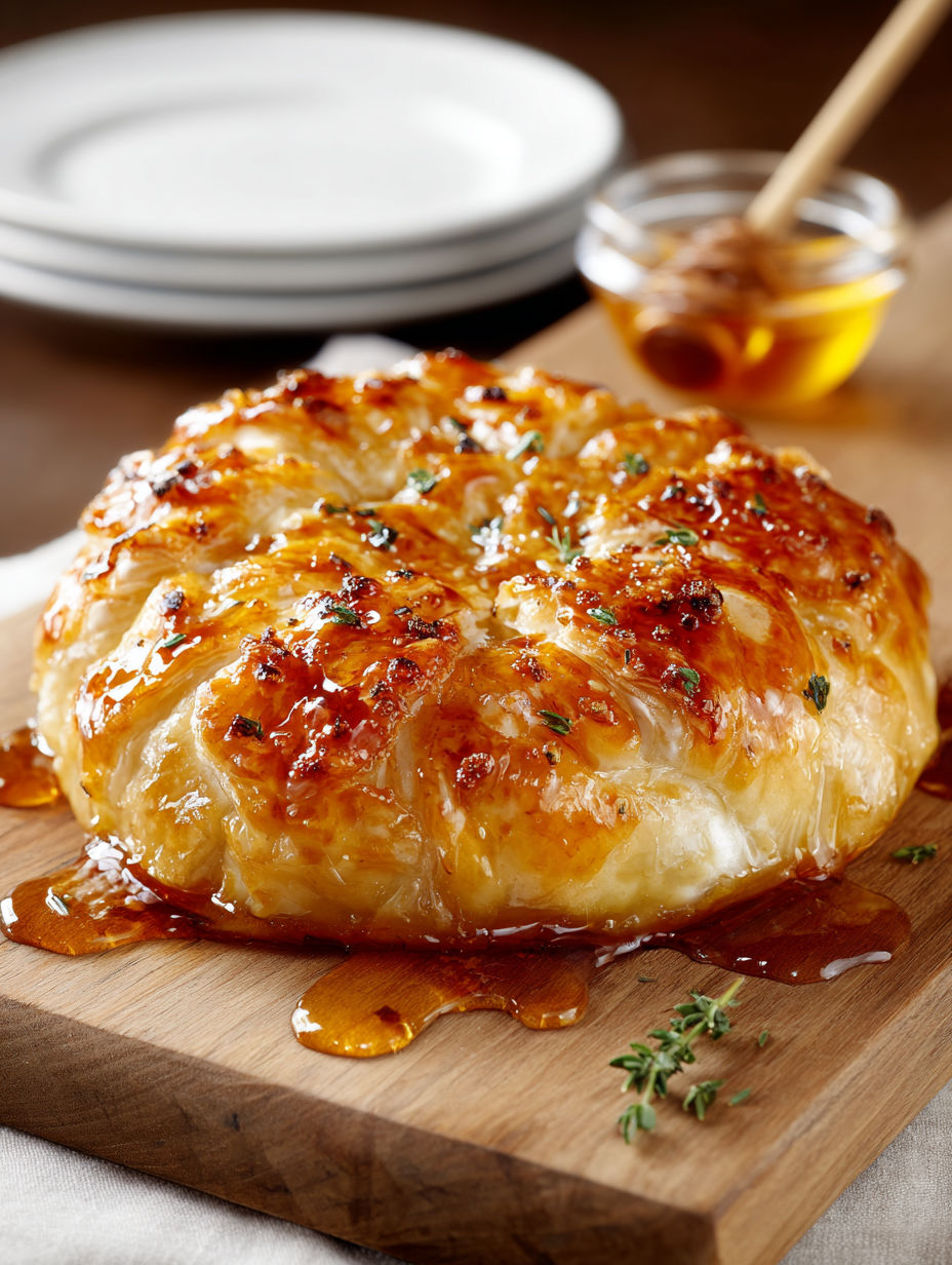 A baked brie in phyllo dough on a wooden cutting board.