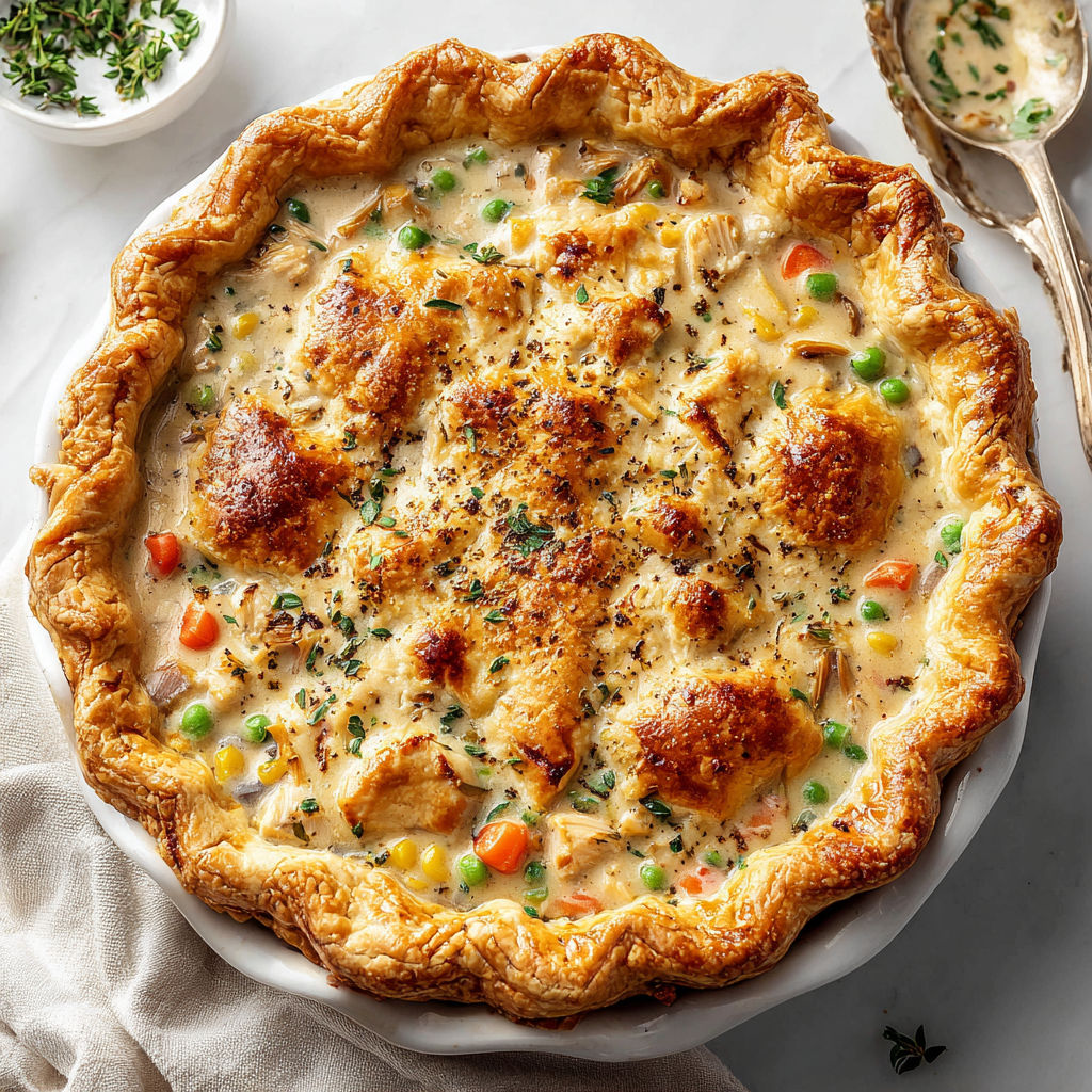 A close up of a pot pie with a white plate.