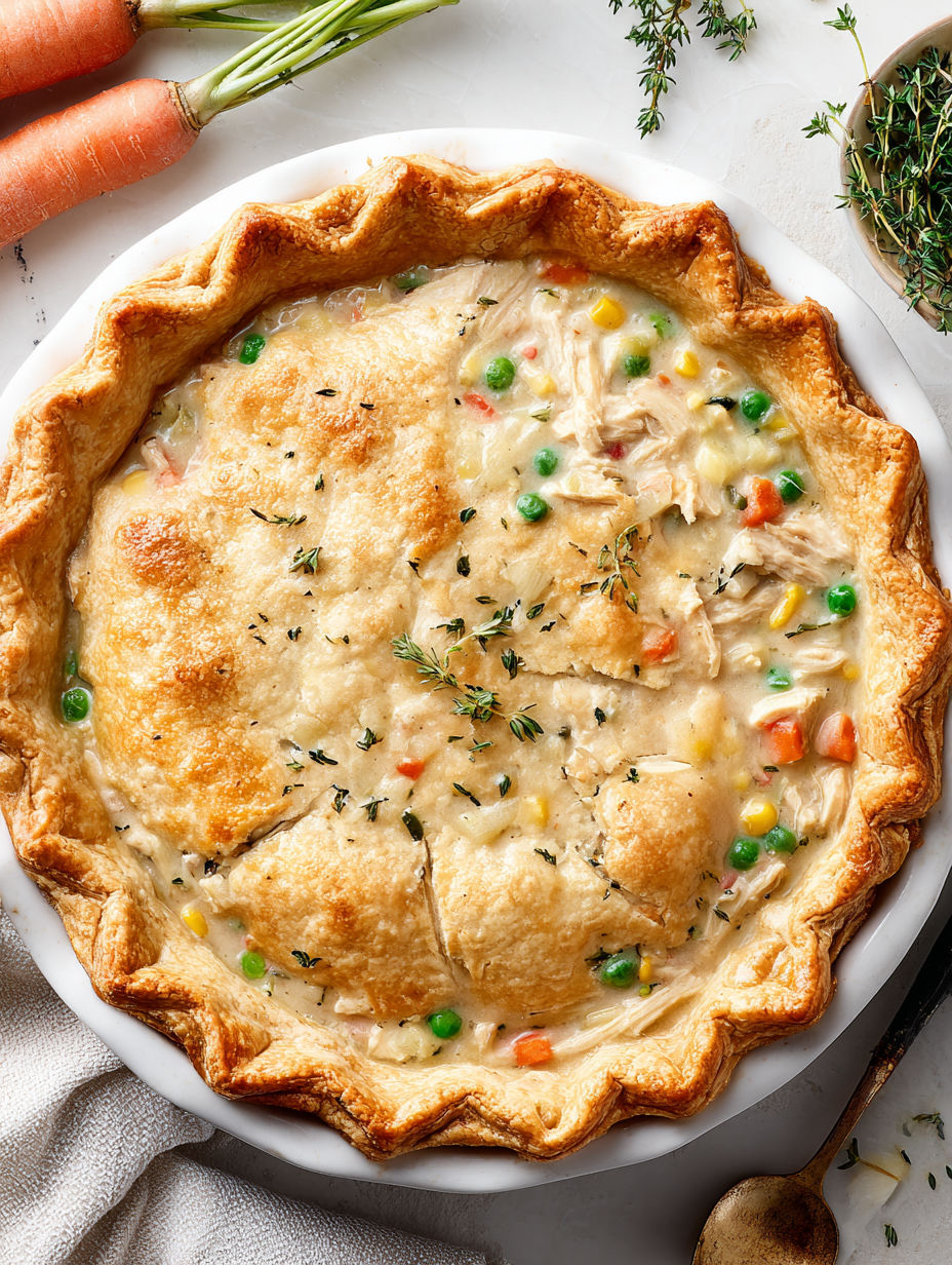 A close up of a pot pie with a carrot on top.