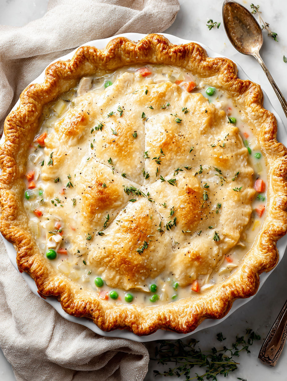A close up of a pot pie with peas and carrots.