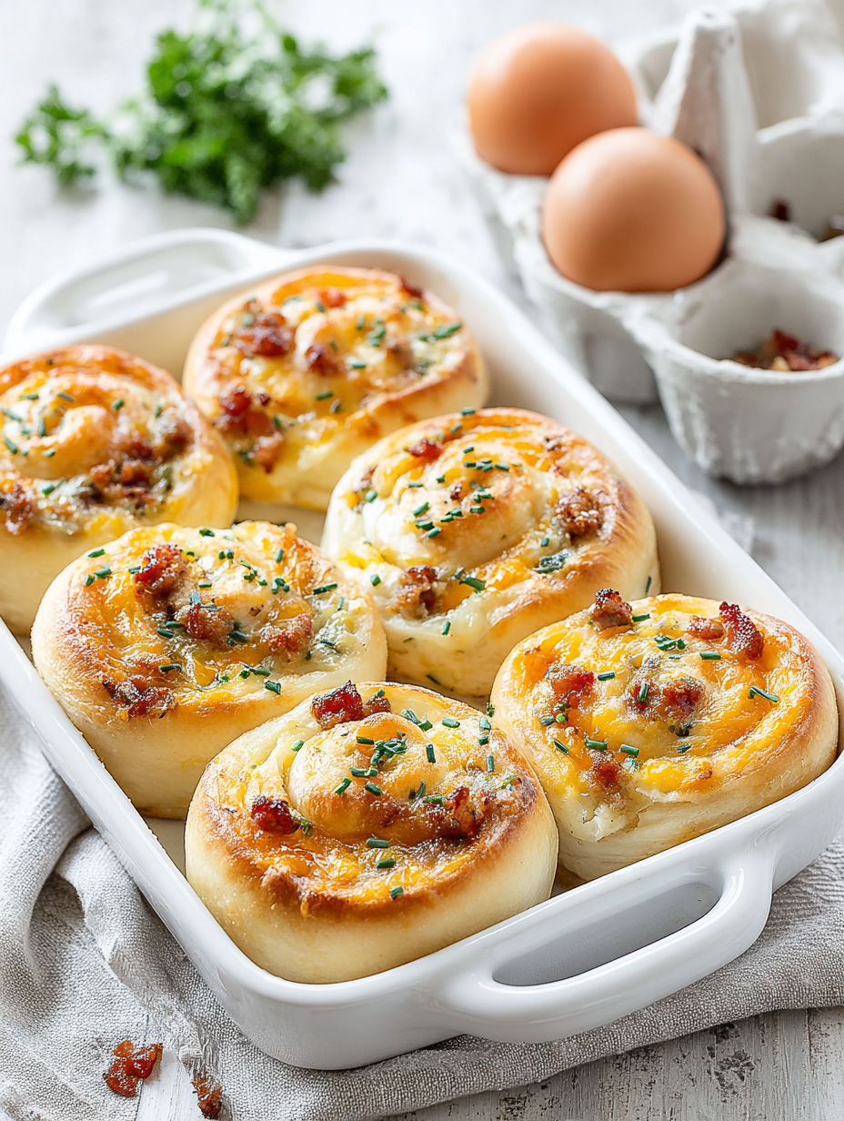 A white bowl filled with French Onion Breakfast Rolls.