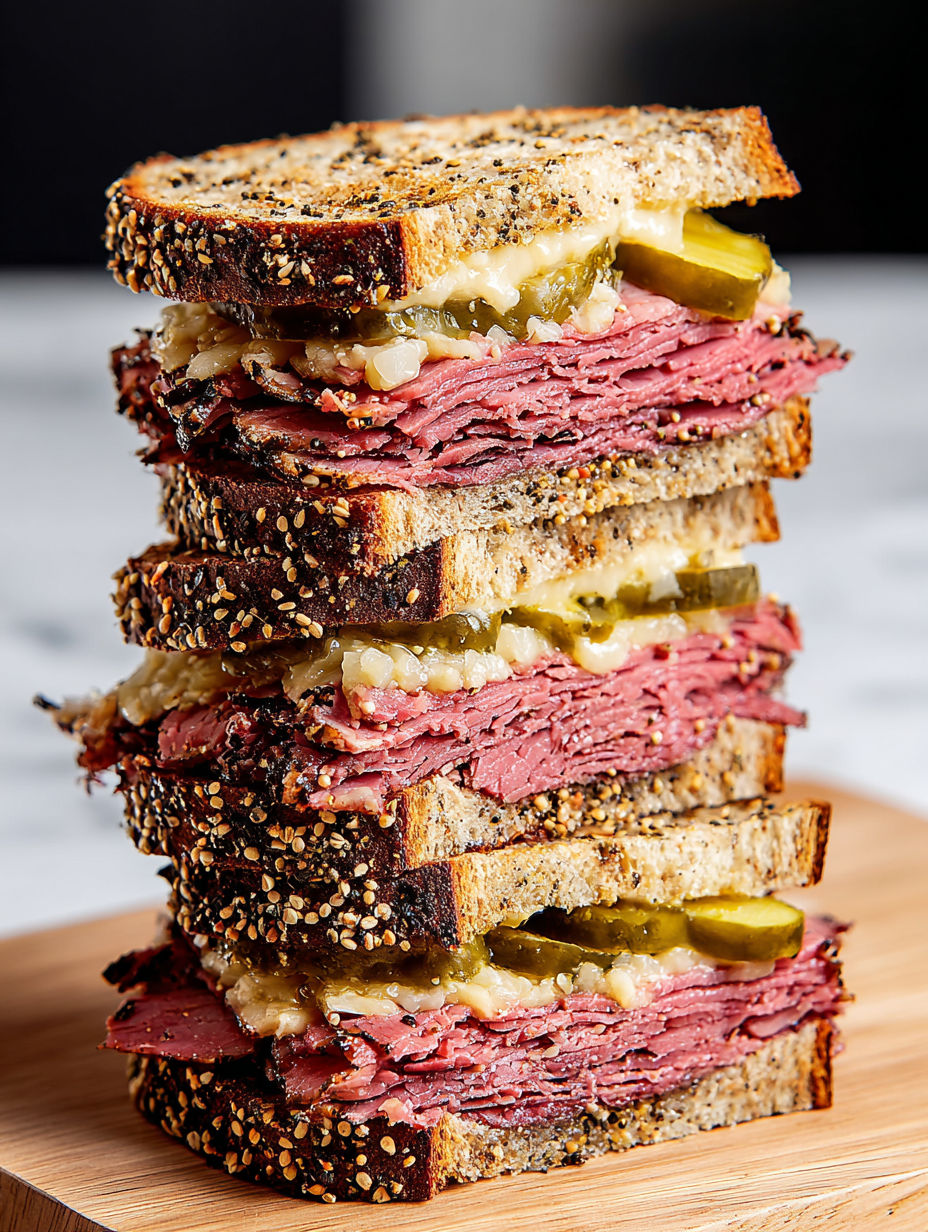 A stack of pastrami sandwiches on rye.