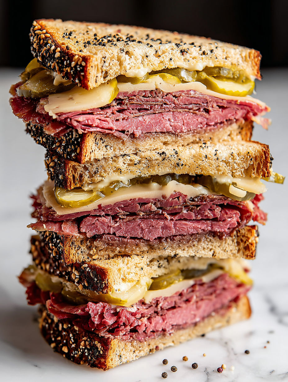 A stack of pastrami sandwiches on rye.