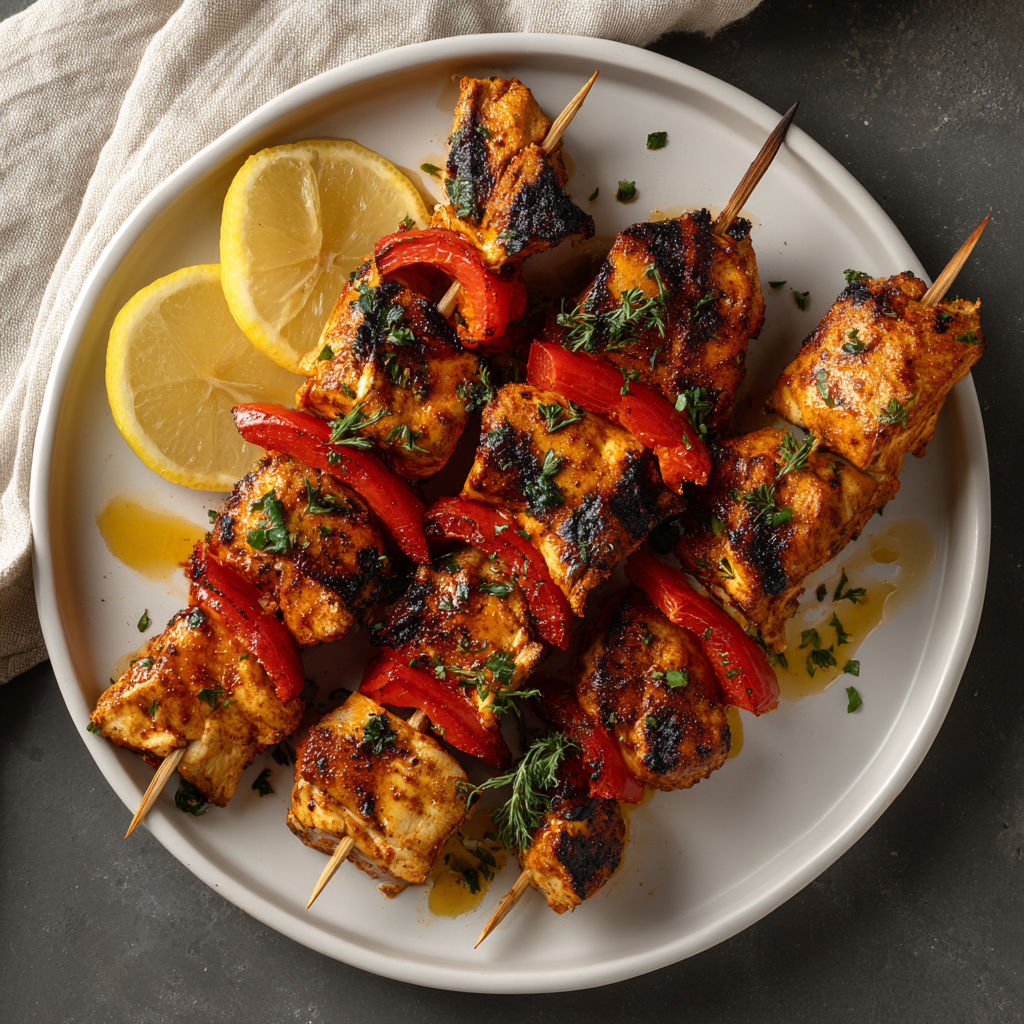Grilled chicken skewers with lemon and peppers.