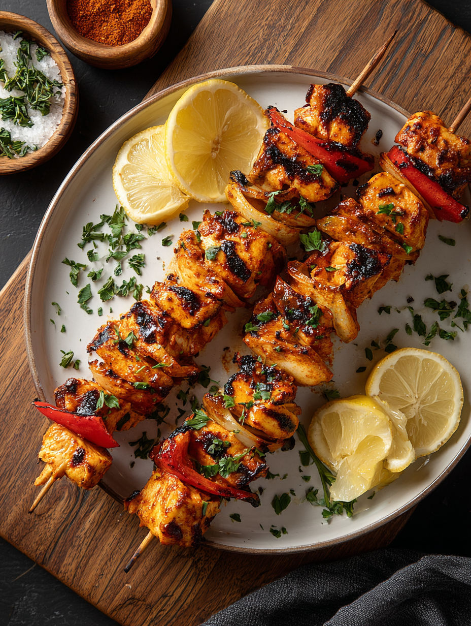 Grilled chicken skewers with lemon wedges and peppers.