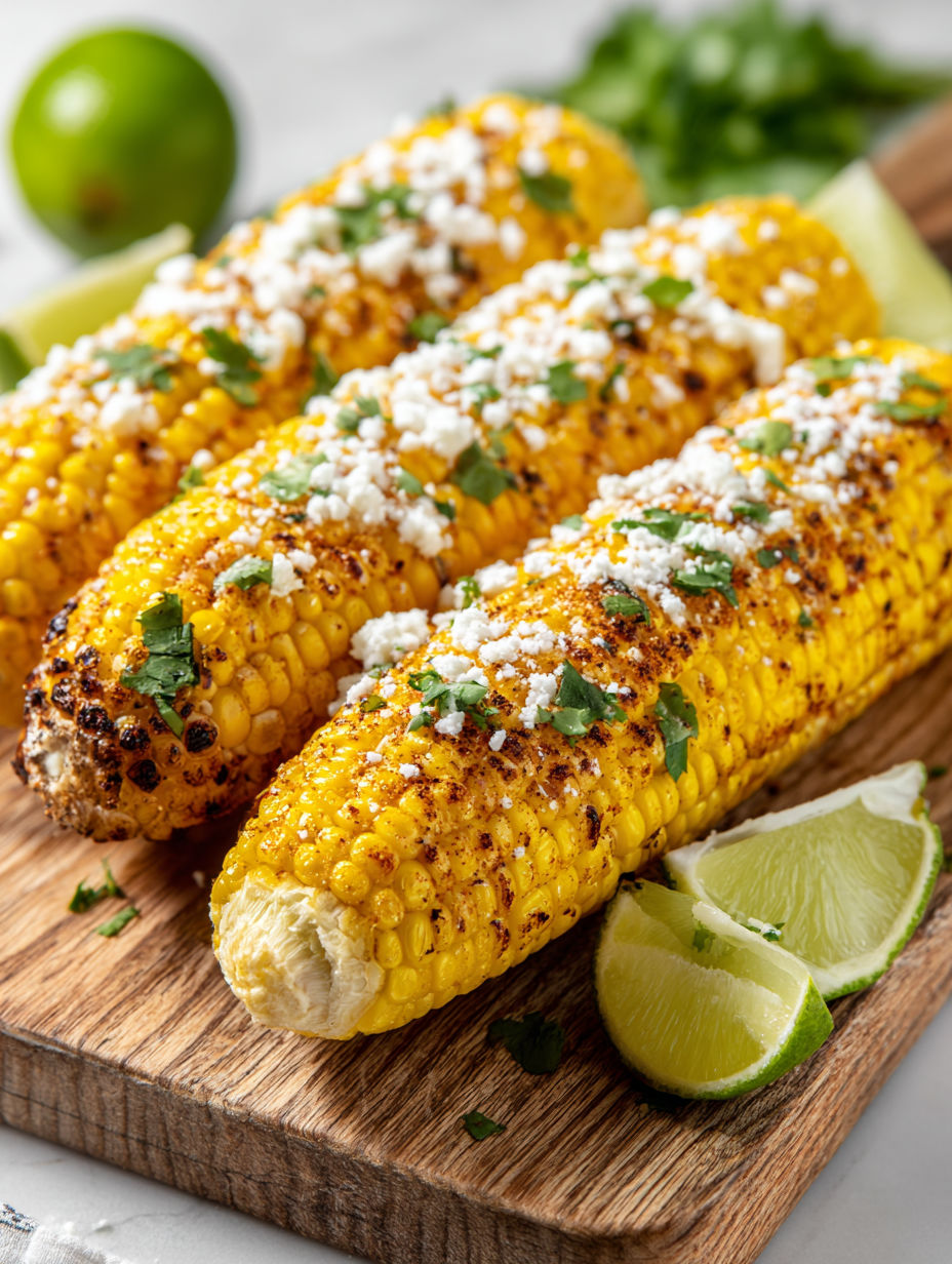A plate of corn with cheese and lime.