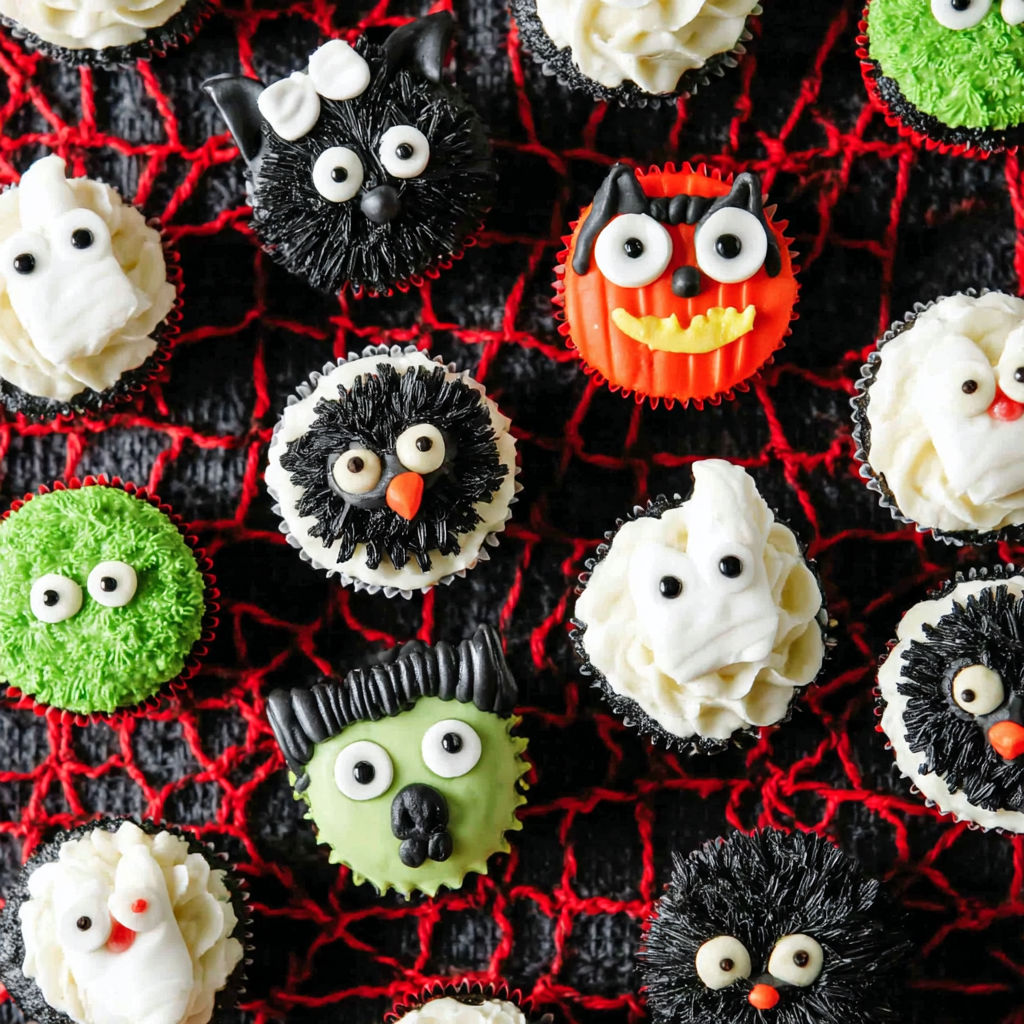 Halloween cupcakes with various designs and colors.