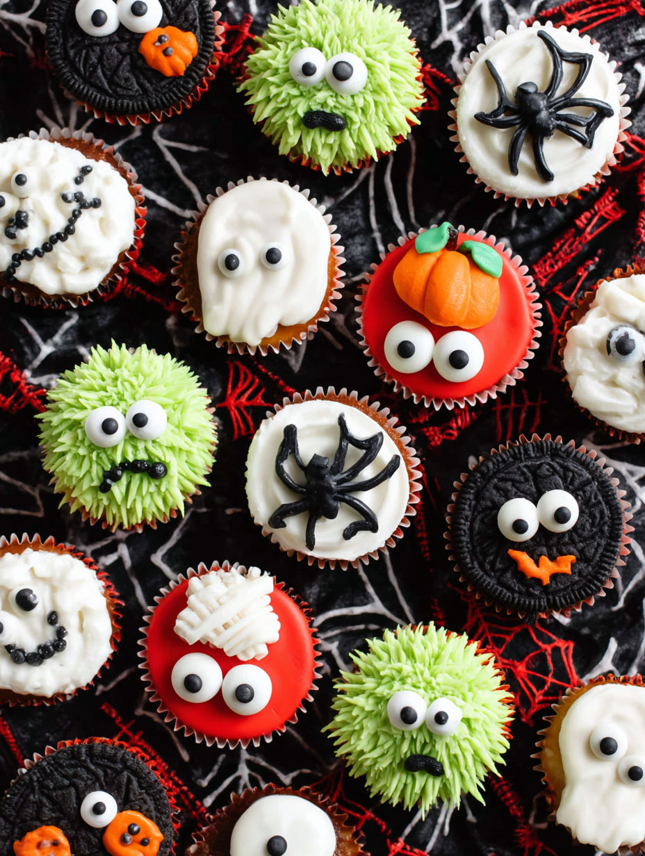 Halloween cupcakes with spiders and pumpkins on them.